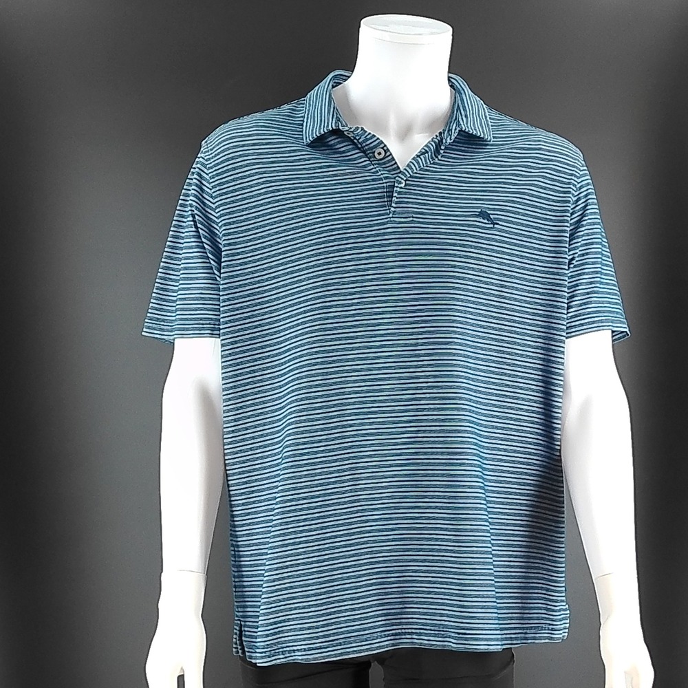Tommy Bahama Mens XL Blue Gray Striped Pima Cotton Blend Short Sleeve Polo Shirt